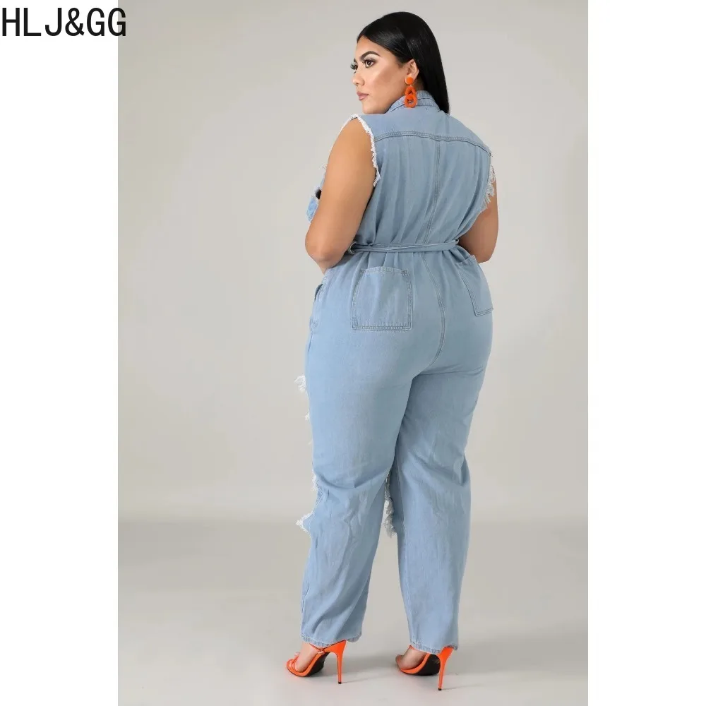 HLJ&GG Plus Size Blue Fashion Denim Hole Bandage Jumpsuits Women Turndown Collar Sleeveless Lace Up Playsuits Female Overalls