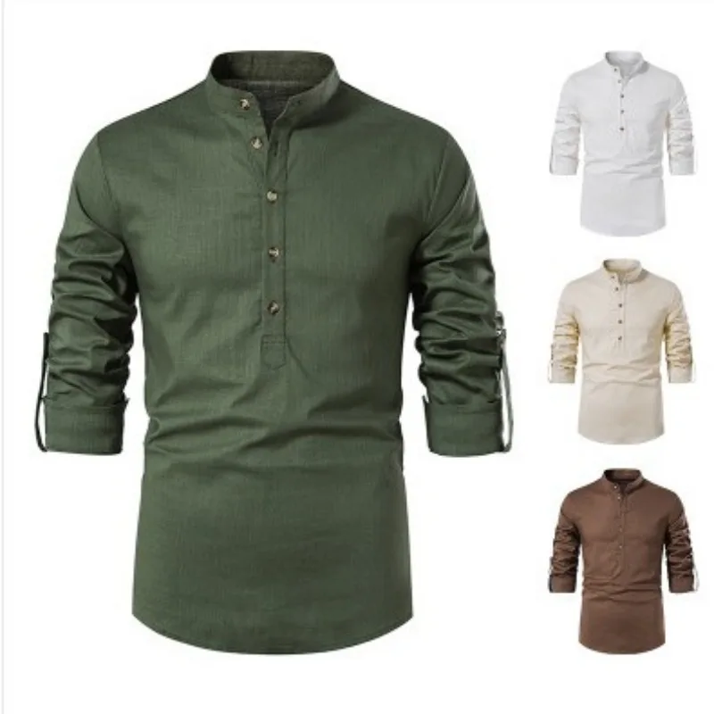 Men's Linen Henry Shirt Long Sleeve Cotton Beach Yoga Loose Slim Stand-Up Collar Top
