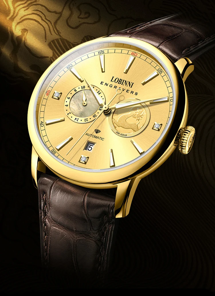 New Lucky Deer Luxury Brand LOBINNI Japan MIYOTA 82S7 Automatic Mechanical Men\'s Watches Sapphire Real 24K Gold & Diamond L19015