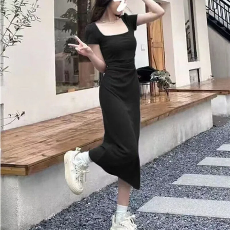 Square Collar Dresses Women Solid Korean Fashion Waist-cinching Folds Design Hip-covering Chic Summer Short-sleeved Ins Sexy