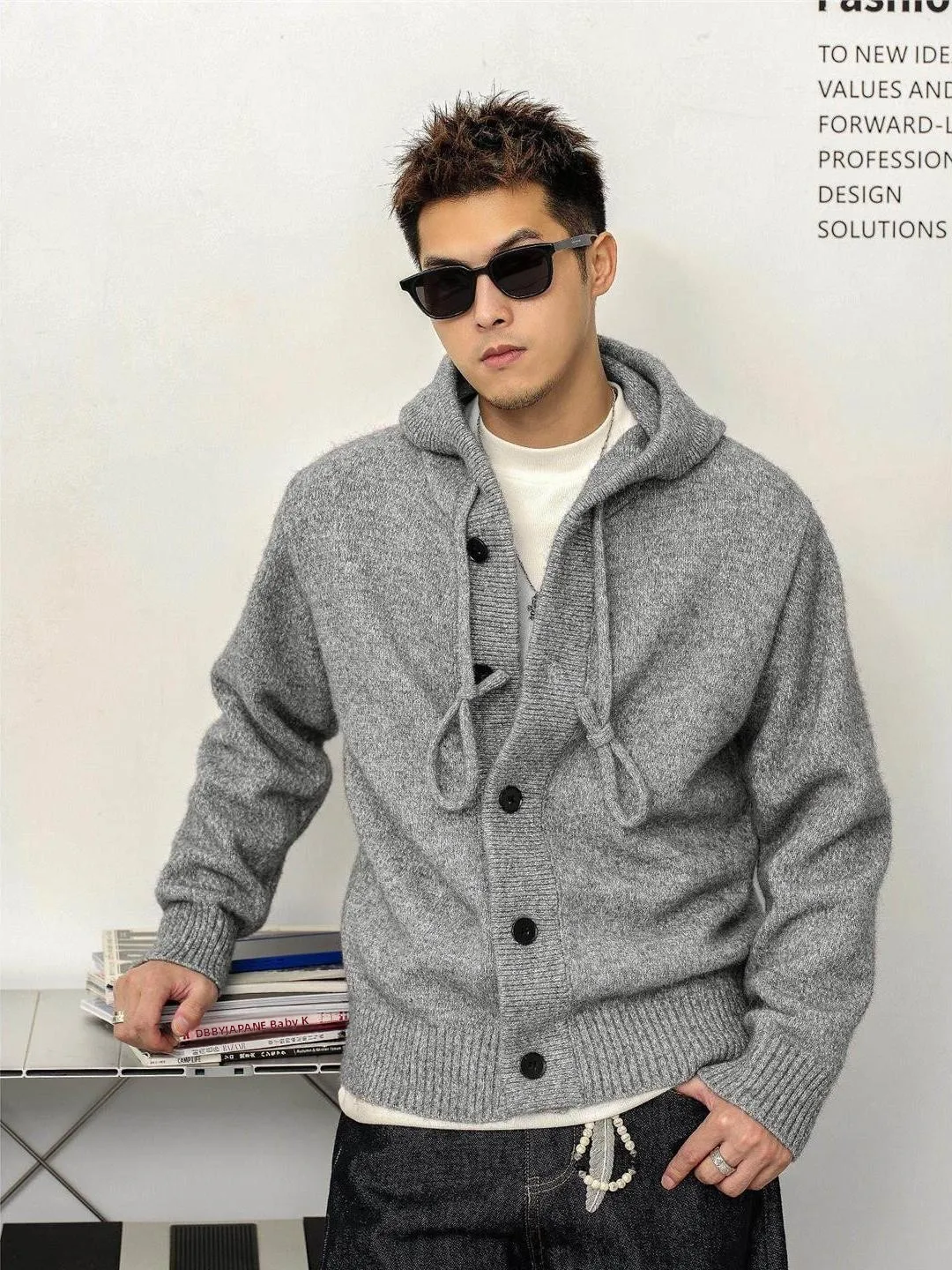 

Ретро-кардиган в американском стиле с капюшоном, мужской свободный теплый зимний свитер, парный повседневный вязаный свитер на пуговицах с длинным рукавом в стиле Lazy Style