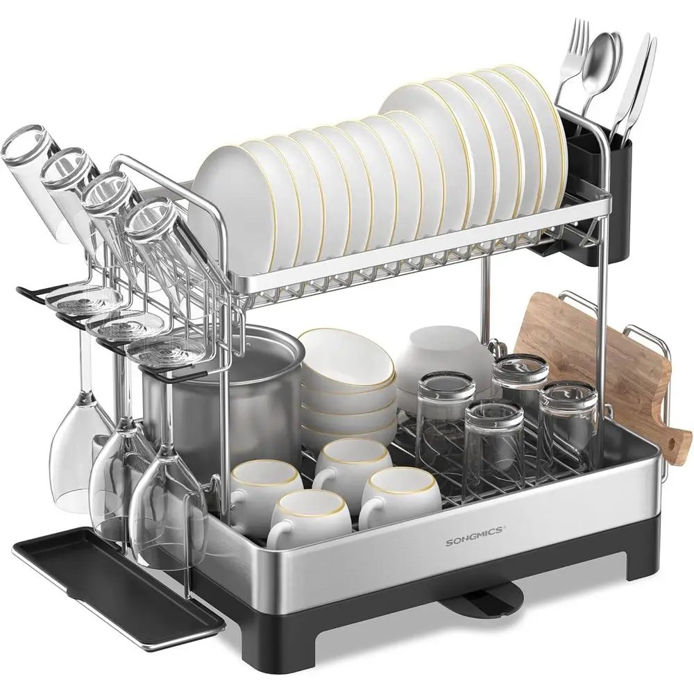 

Dish Drying Rack - 2 Tier Dish Rack or Kitchen Counter with Rotatable and Exble Drain Spout, Dish Drainer with Utensil, Cup, Gla