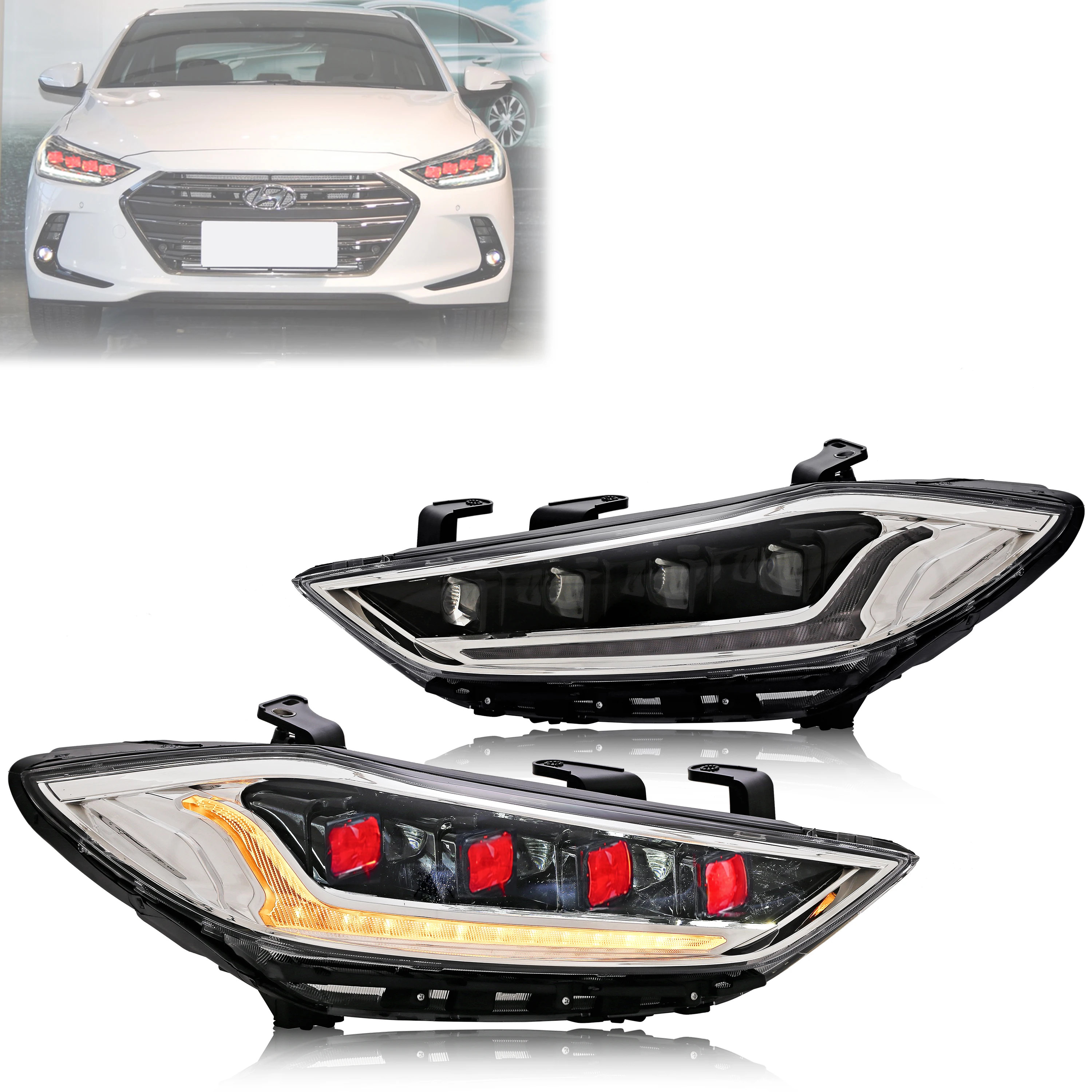 

LED Headlights for Hyundai Elantra 2017 2018 Dynamic Animation Projector Red Light Front Lamps Pair Assembly (Not Fit Sport)