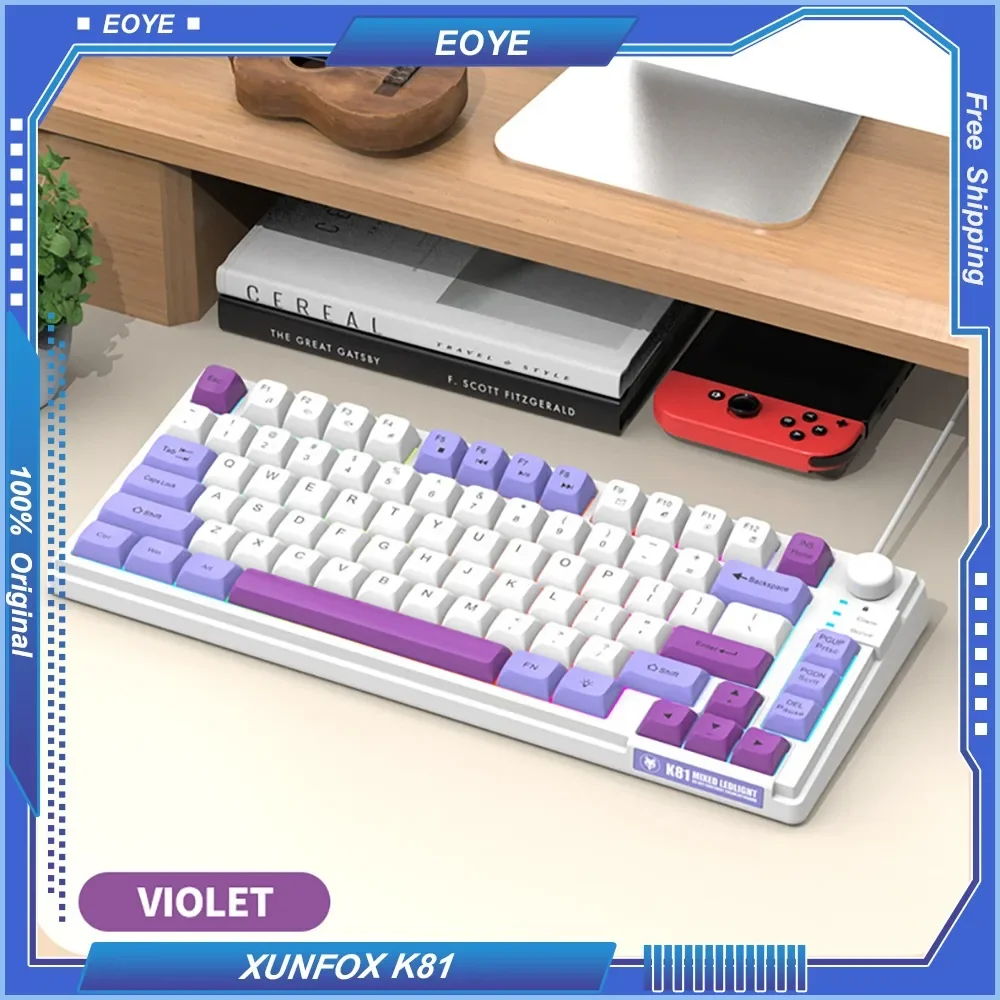 XUNFOX K81 Keyboard Triple Patchwork MDA Ball Cap Kabel USB Diterangi PC Notebook Kantor Ergonomis 75% Tata Letak 81 Tombol Gaming