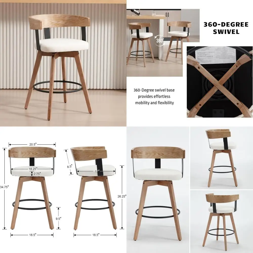Modern Counter Height Swivel Bar Stool Set, 26 High with Footrest, Linen Upholstered Seat, Sea-Inspired Design