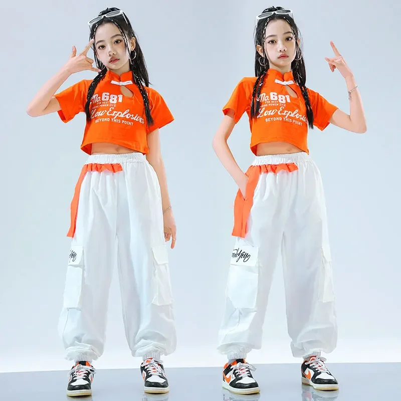 Girls Hip Hop Dancing Crop Top Orange Cargo Pants Boys T-shirt Street Dance Joggers Kids Streetwear Children Jazz Clothes Sets
