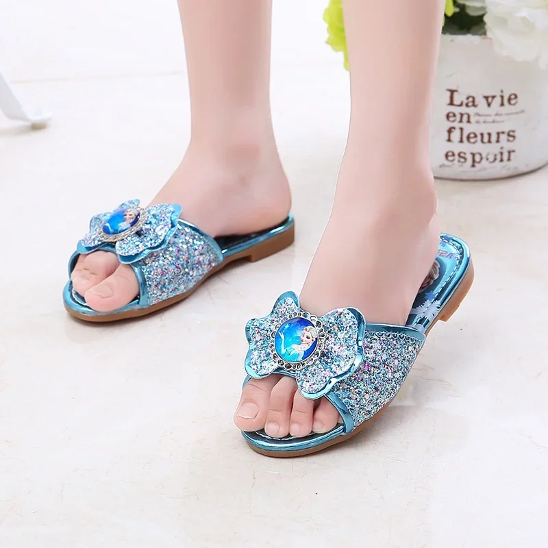 Children\'s Slipper for Girls Summer Princess Open-toe Flat Slippers Fashion Sequins Bowtie Fashion Causal Kids Frozen Elsa Soft