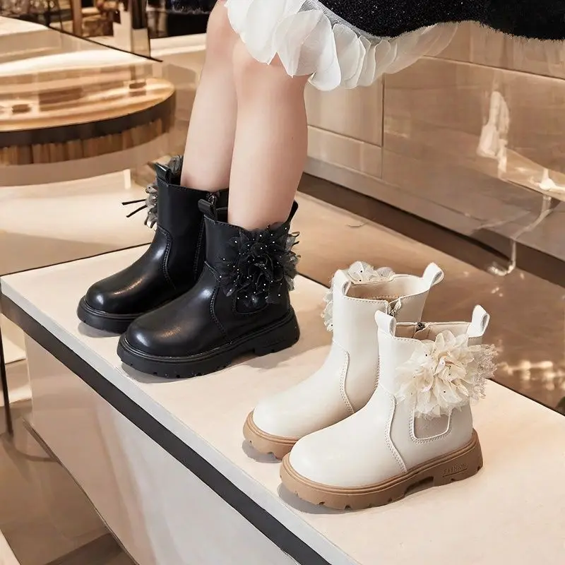 Girls British-style Exquisite Children's Shoes Autumn Winter Fashion Large-flowered Chelsea Ankle Bootie Kids Outdoor Sneakers
