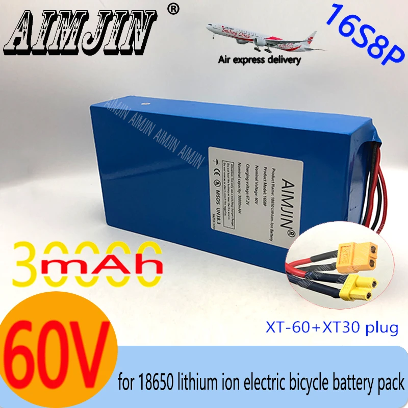 With BMS 3000W high-power 16S8P 60V 30Ah18650 Li-Ion Battery  suitable for scooter motorcycle Replace battery XT60+XT30 Plug