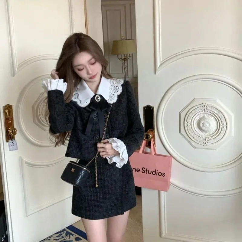 Temperament Sweet Doll Neck Double Breasted Coat Skirt Two Piece Set Women Lace Splice Fashion Slim Bow Spring Chic Lady Suit