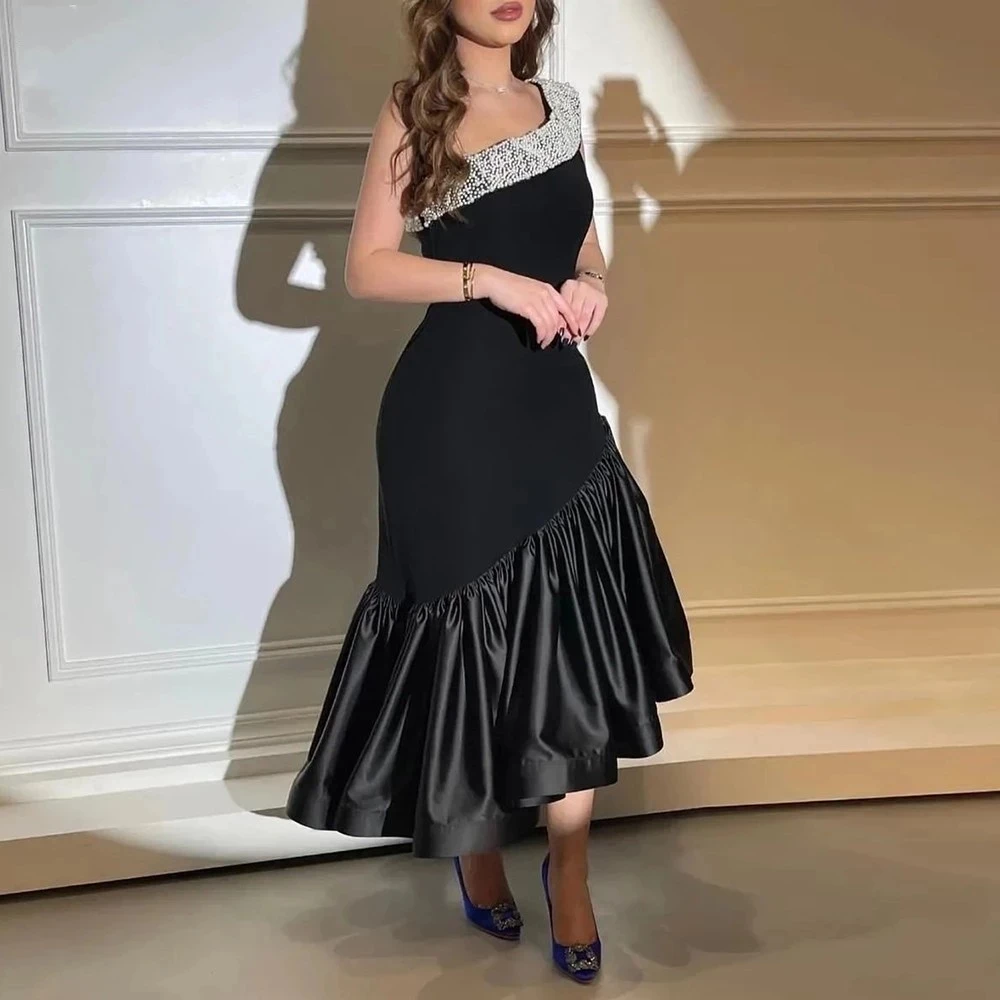 

ANGELSBRIDEP Mermaid Black Saudi Arabia Prom Dresses One Shoulder Midi African Formal Women Evening Dress Wedding Party Gowns