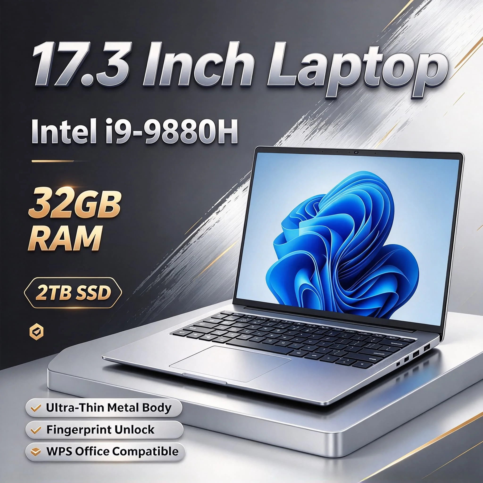 High Speed 17.3 Inch Full Size Laptop Intel Core i9 9880H 32GB Large Memory 2TB SSD Fingerprint Security Unlock FHD IPS Display