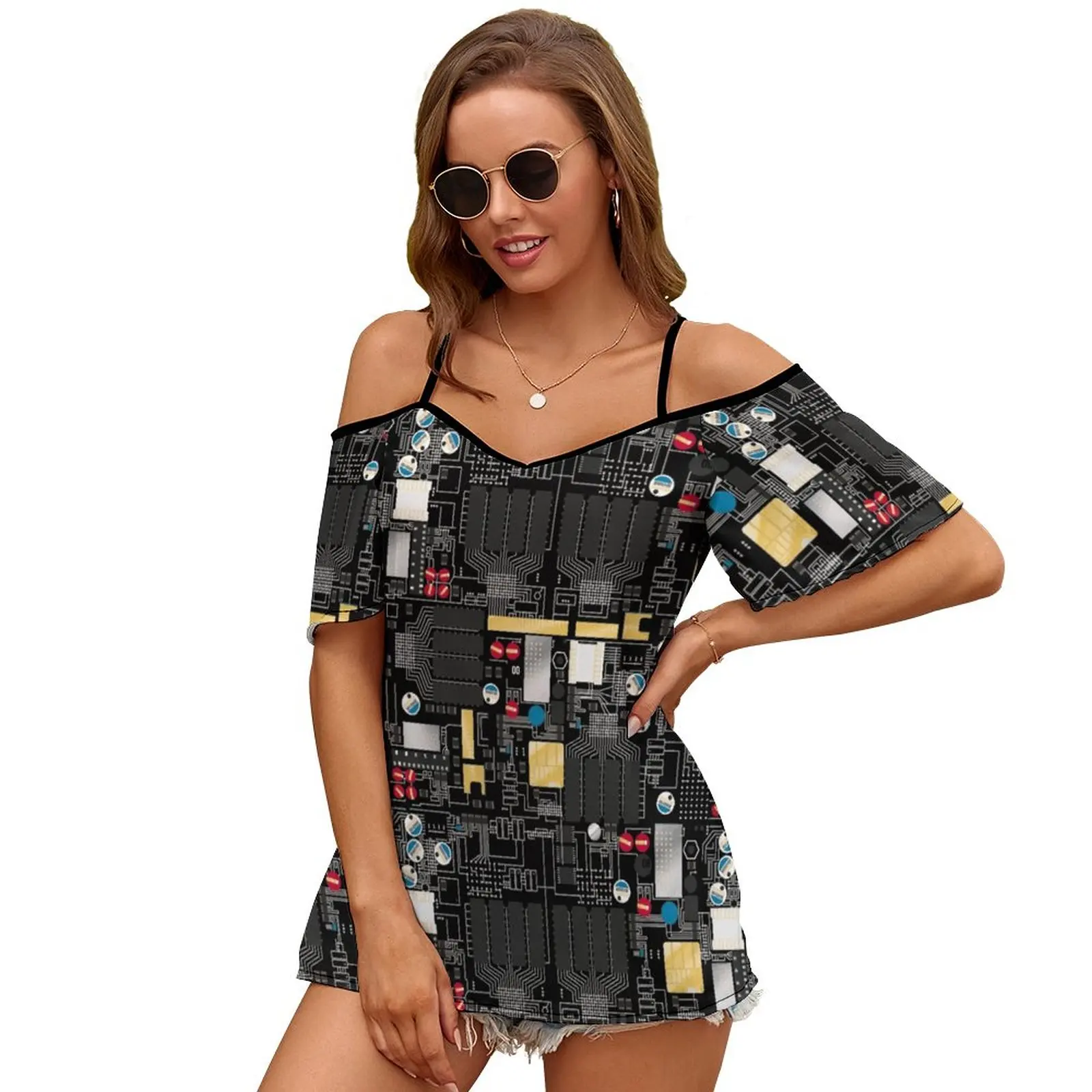 Black Circuit Board 2420 Women Print T Shirt Casual Off Shoulder Loose Pullover Tops Fashion Clothes Black Circuit Technology