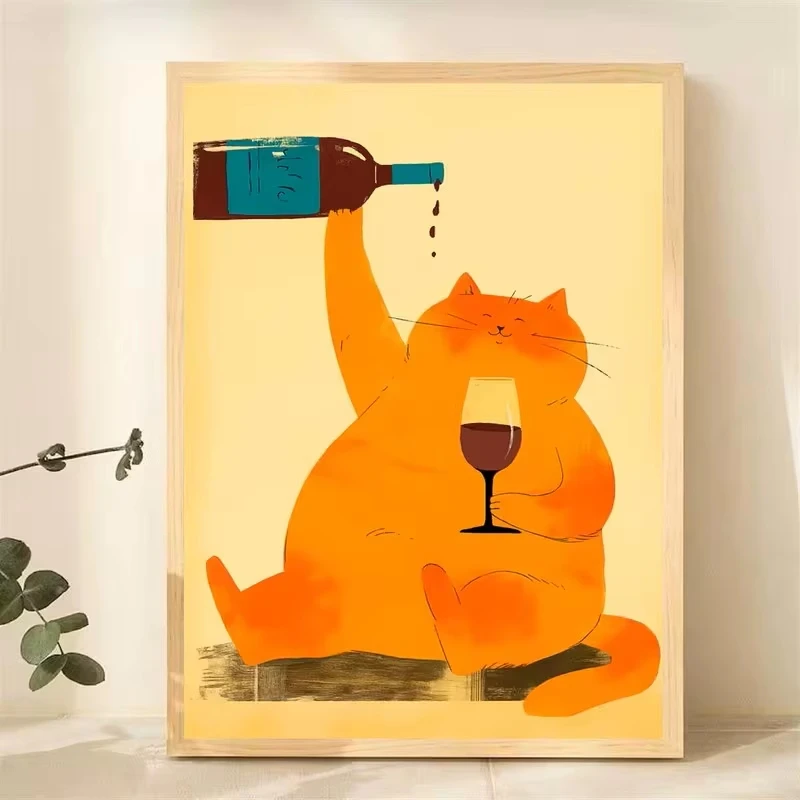 Oil Painting By Numbers DIY Handmade Cute Lazy Orange Cat Wine Glass Humor Kitchen Bar Decor Art Unframed Canvas Wall Art