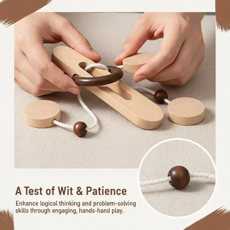 Wooden Ring Unlocking Puzzle Toy, Magic Ring Escape Classic Kongming Luban Lock Brain Teaser Desk Novelty Gift for Adults