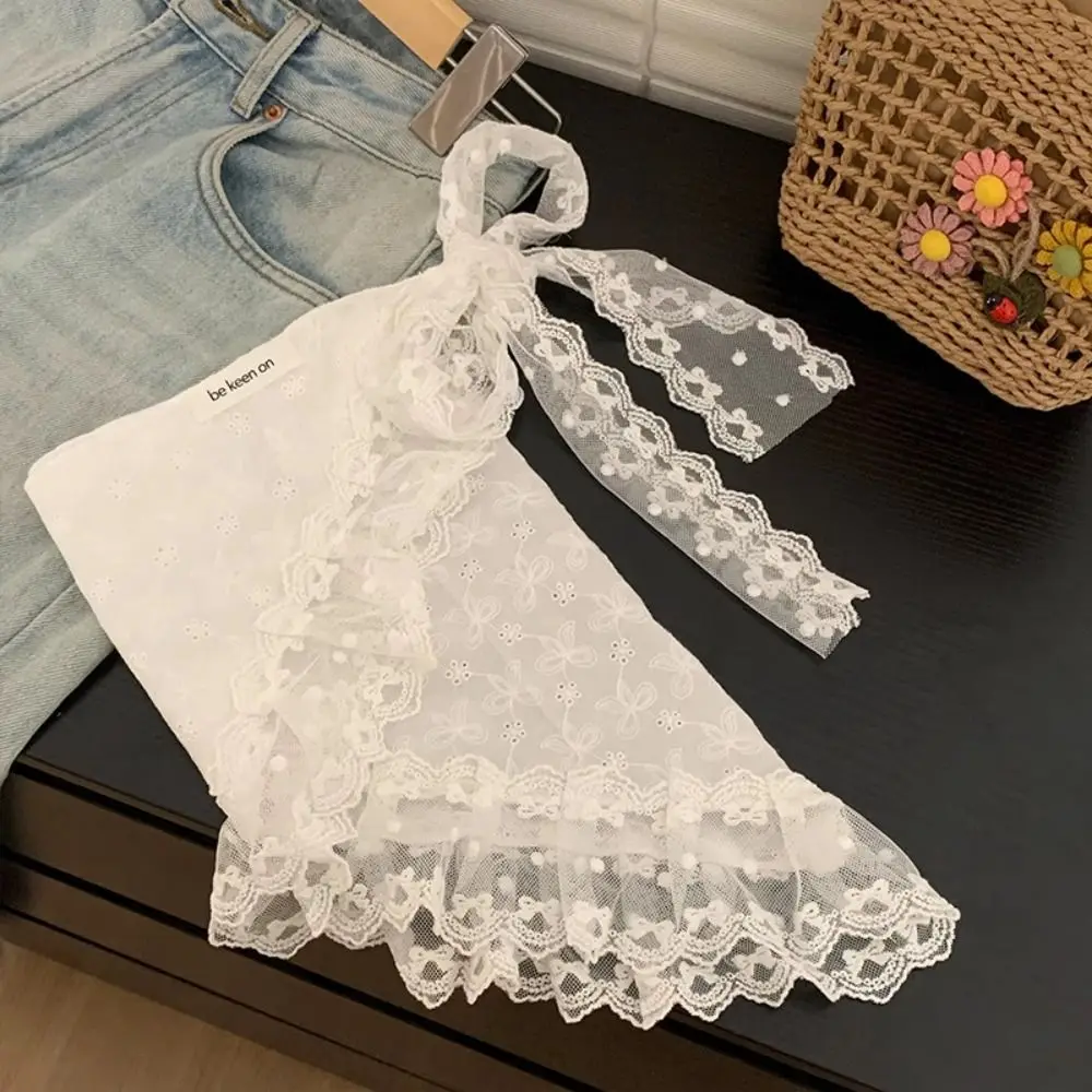 Rok Mini Renda Manis Lembut Rok Kasa Pinggang Tinggi Bunga Rok Tepi Ruffle Gaya Korea Bertali Pesta