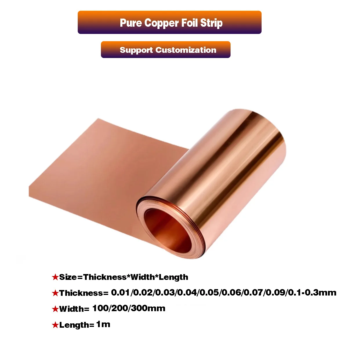 

Pure Purple Copper Sheet/Copper Foil Strip/Purple Copper Strip Thickness 0.05 0.1 0.2 0.3 0.4 0.5mm