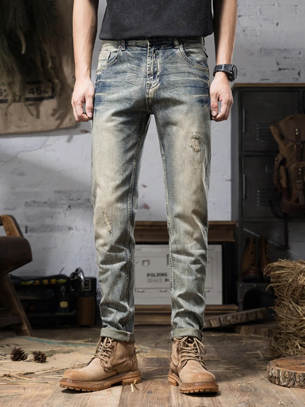 

Retro Waed Stretchy Slim Fit Men's Jeans Spring Autumn Cotton Stretch Denim Wear Resistant Casual Sle with Patches And Holes