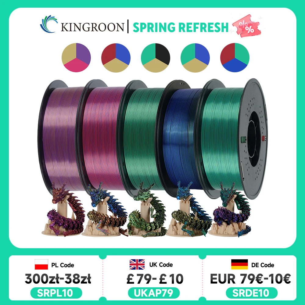 

KINGROON 5KG Silk Tricolor PLA Filament 1.75mm, Three-colour Coextrusion 3D Printing Material, New Color Change, 5Roll 1kg/Spool