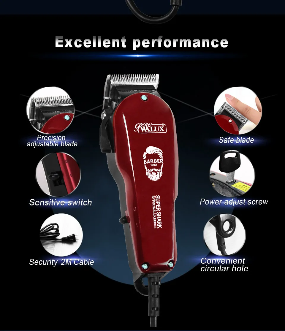 WALUX Professioneller AC-Haarschneider, 10 W, starke Leistung, 2 m langes Kabel mit 8 verstellbaren Führungskämmen für Haarschnitte zu Hause für Männer – Detail 2