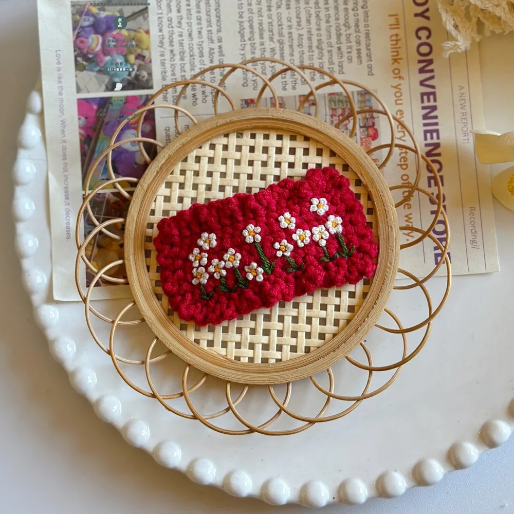 

Small Embroidered Flower Side Clip Vintage Handmade Square Shape for Women Daily Fall Winter Gentle Non Slip Brown
