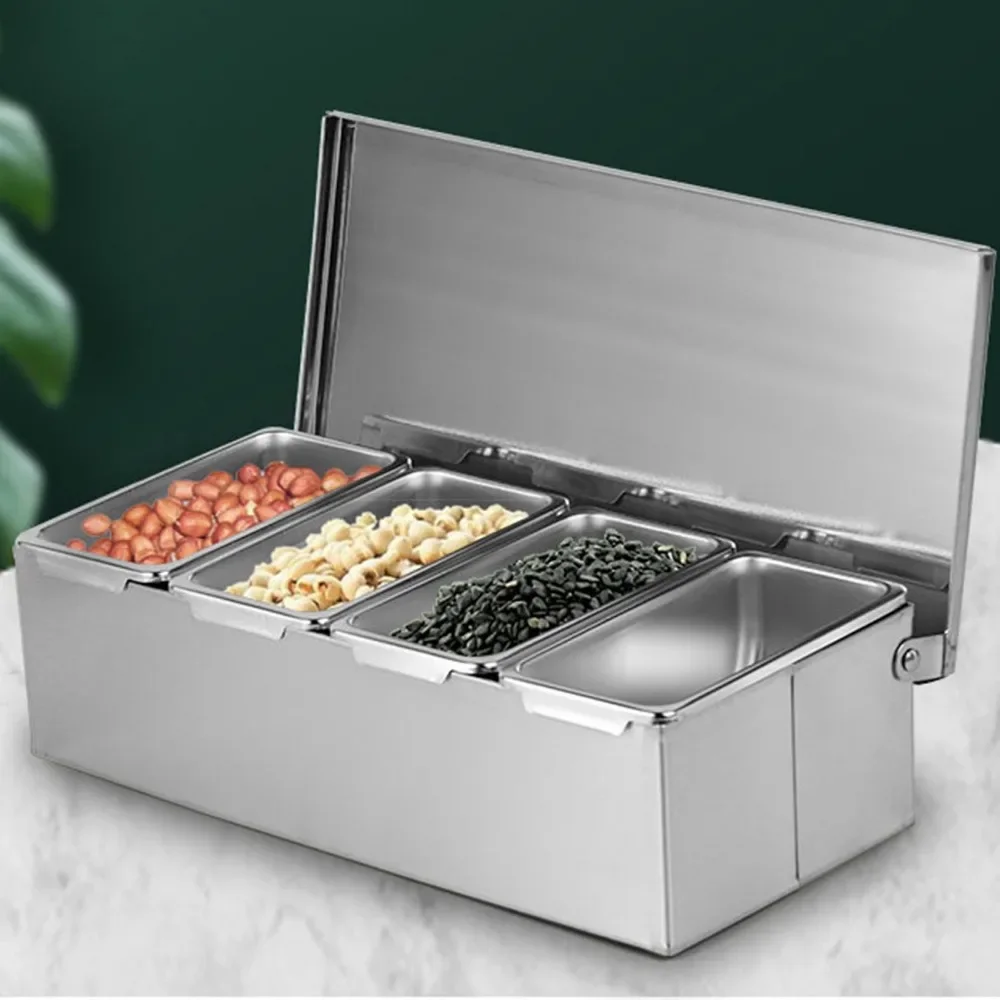 

Stainless Steel Seasoning Box 4 Compartment Trays Large Capacity Storage Seasoning Case for Kitchen