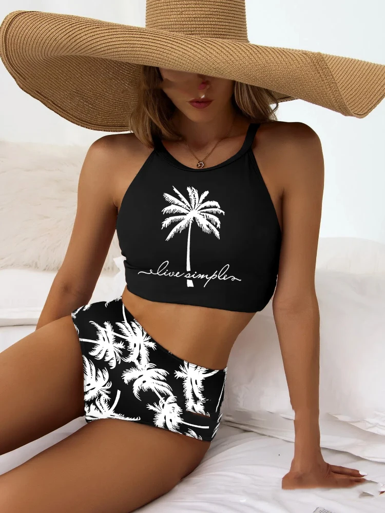 Fashion Holiday Tree Printed Bikini Set Women's Sexy Tie-Front High Waist Two-Piece Swimsuit Summer Two Piece High Rise Panties