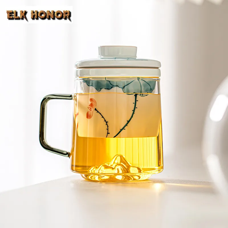 450ml Hand Drawn Lotus Charm Glass Filter Tea Separator Cup Antique Tea Mug with Infuser Tea Brewing Office Water Cup Ornaments
