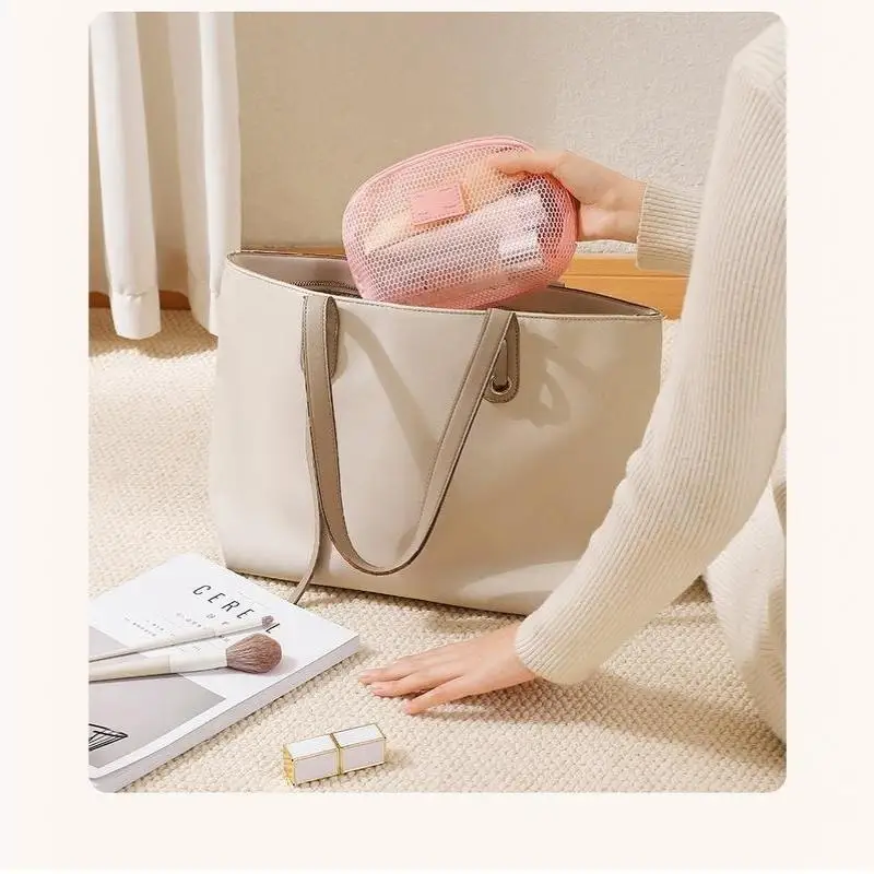 Atmungsaktive Mesh-Kosmetiktasche, Mehrzweck-Netzbeutel mit Reißverschluss, Reise-Toilettentasche für Damen, Organizer für Lippenstift und Hautpflege – Detail 17