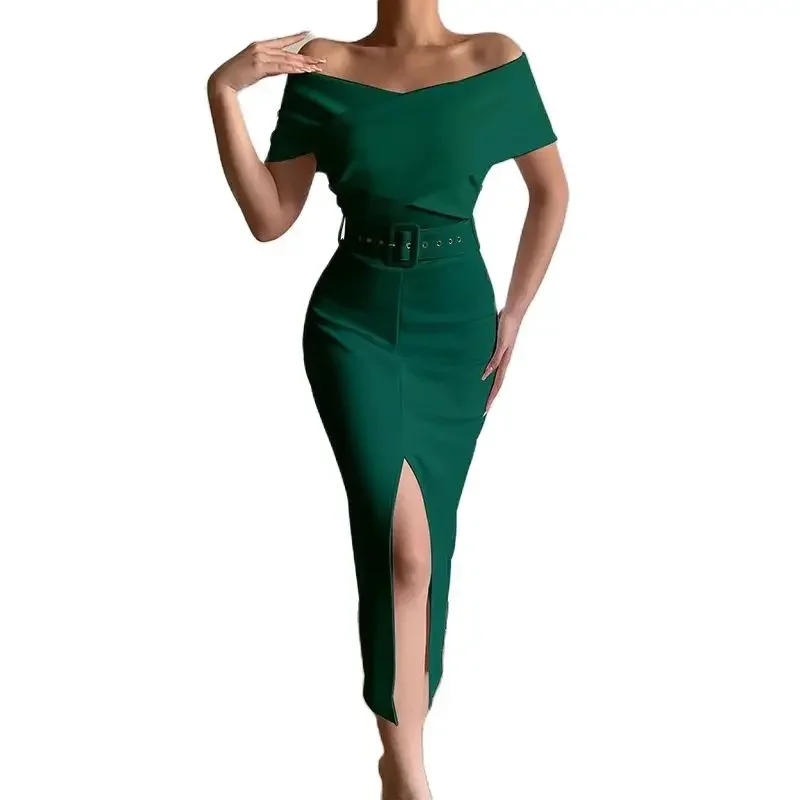 

Women Elegant Commuter Wrap Hip Dresses Belt Included Crossover V Neck Off The Shoulder Gown Female Split Hem Pencil Dress 2024