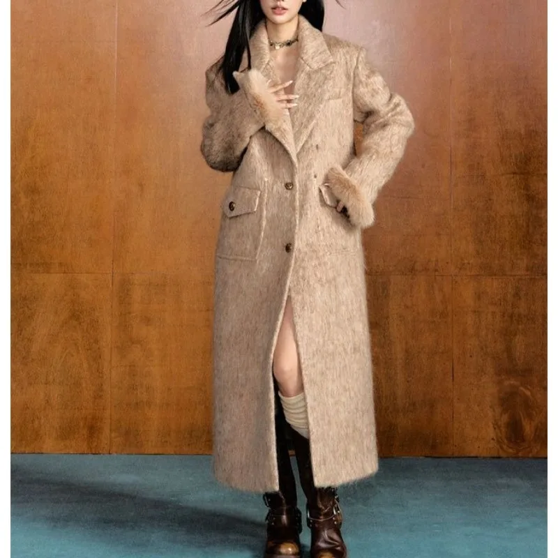 

French Vintage High-end Shoulder Pad Lapel Woolen Jacket Winter New Loose Warm Long Woolen Coat for Women