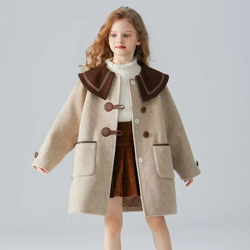 

5-12 Year Kids Girls Woolen Coat Loose College style Autumn and Winter Children's Thick Cotton Jacket For Warmth 120-160CM
