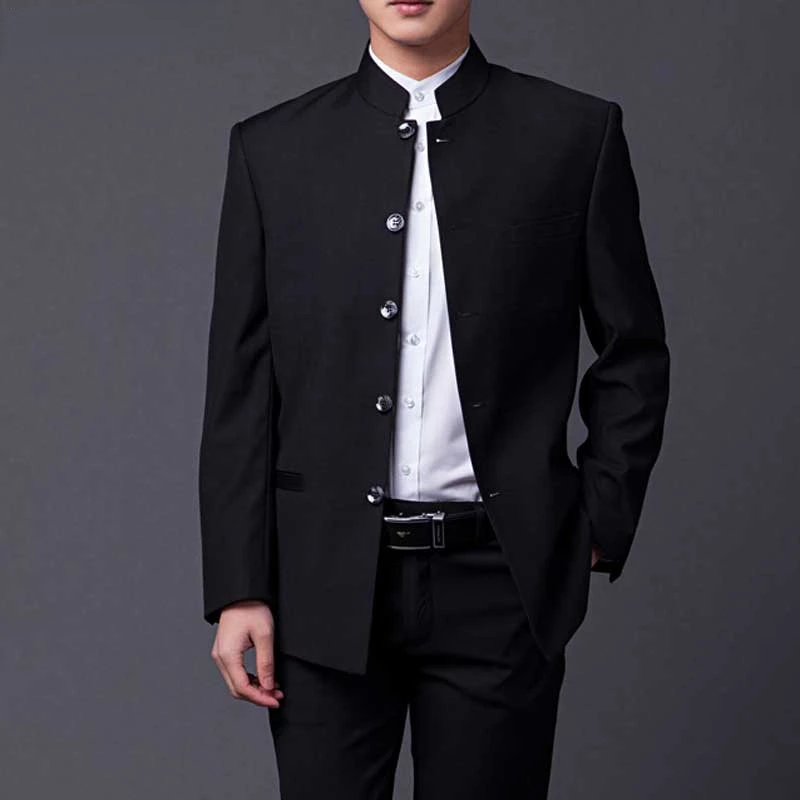 

Men's Classic Mandarin Collar Black Suit Slim Fit Groomsmen Formal Business Wedding Tuxedo 2 Piece(Jacket+Pant)