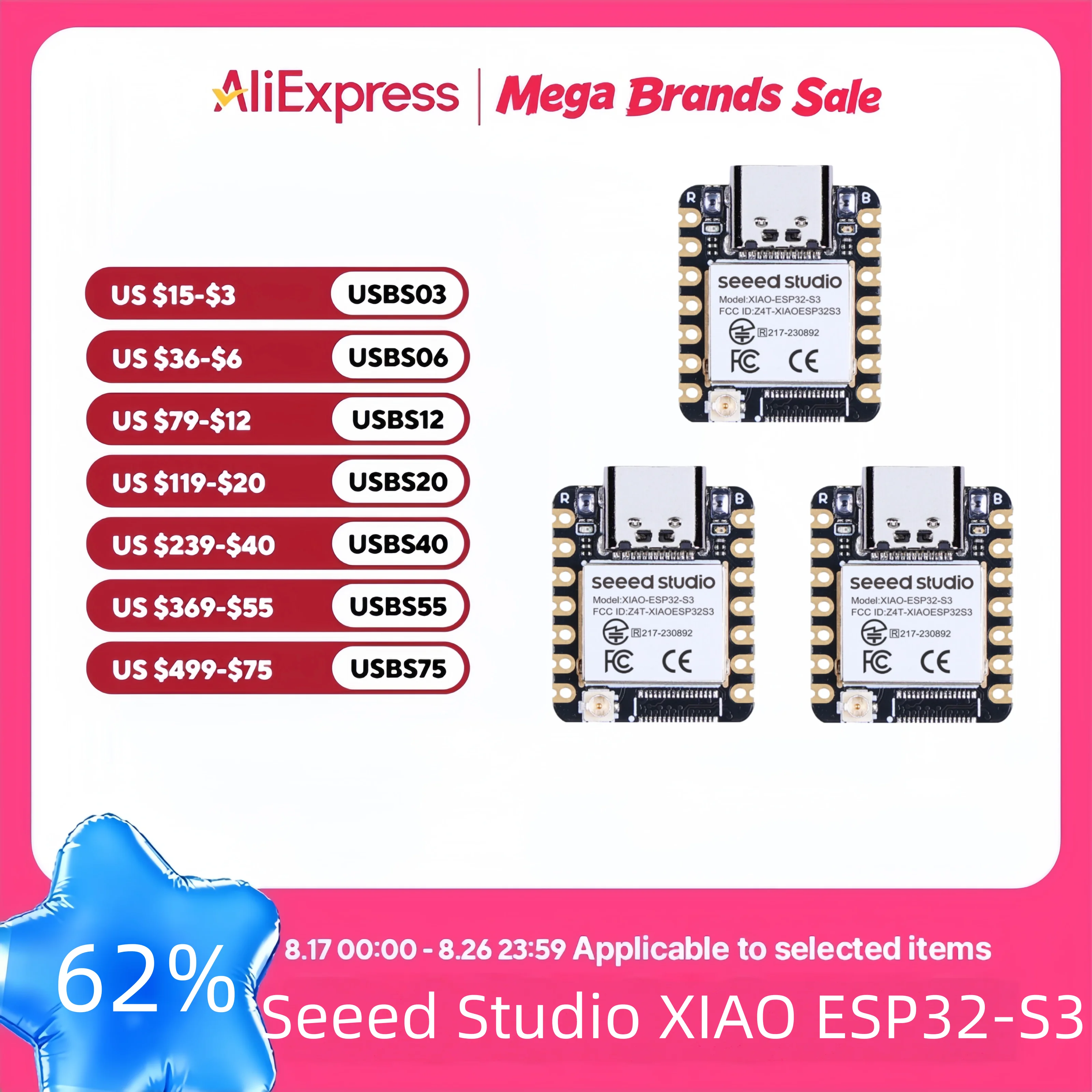 Seeed Studio XIAO ESP32S3 1pc/10pcs Esp32 S3 Dev Board, 2.4GHz Wi-Fi,BLE,Dual-core,4GHz Rod antenna,Battery Charge Supported