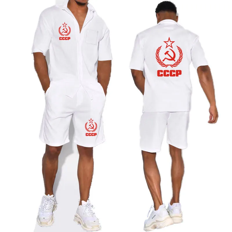 Summer men's Clothing 2 Pieces Sets t-shirt+shorts Mens Casual Tracksuit Men CCCP Print Fitness men's short sleeve T-shirt set