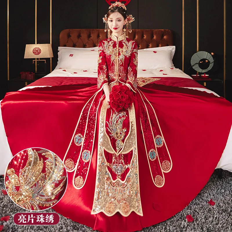 Luxurious Chinese Traditional Red Gold Wedding Dress Embroidery Tassel Hand Beaded Classic Cheongsam костюм для восточных