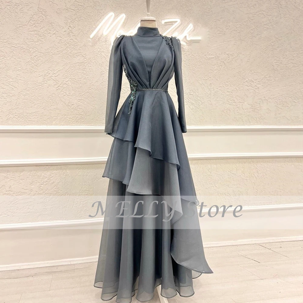 Pastrol Full Sleeves Evening Dresses For Women Lace Applique Party Gown Chiffon Floor Length A-Line Vestidos De Ocasión Formales