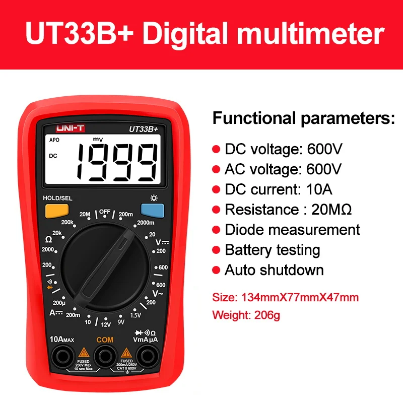 UNI-T UT33B+ Digital Multimeter Manual Range AC DC 200mV~600V Voltage Meter DC 10A Current Tester Resistance Meter