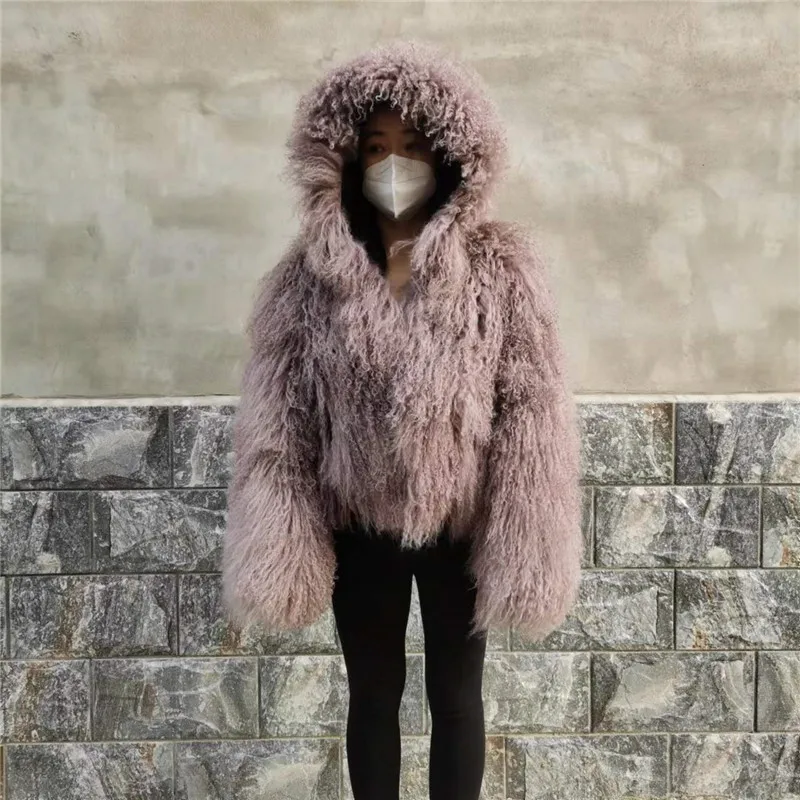 

Hooded Mongolian Lamb Fur Jacket Wholesale New Design Women Winter Sheep Fur Coat