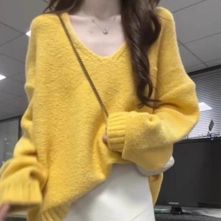 Women V Neck Yellow Sweater Petite Korean Style Chic Knit Pullover 2026 New Fall Winter Elegant Warm Long Sleeve Top