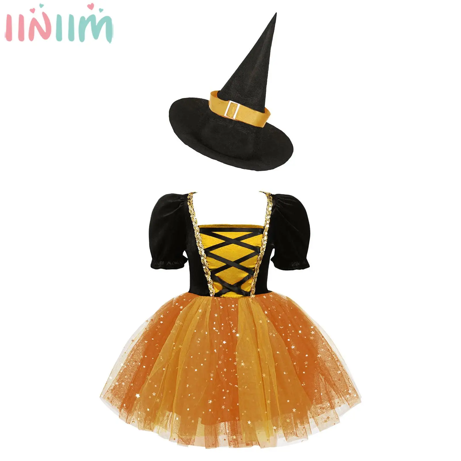 Girls Witch Cosplay Costume Halloween Party Sorceress Roleplay Show Outfit Short Sleeve Glitter Mesh Tutu Dress with Pointed Hat