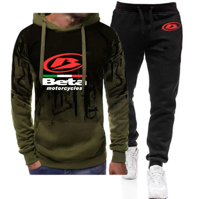 2023 New Spring Autumn Men's Beta Racing Motocross Motorcycle Logo Print Gradient Color Hooded Pullover And Sweatpant Cotton Set