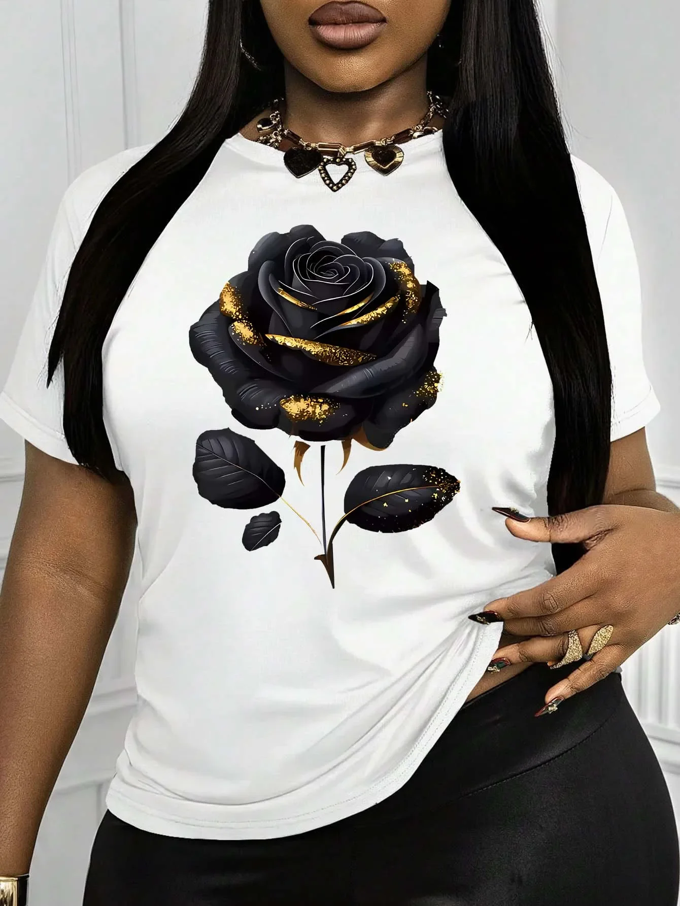 

Изысканная элегантная модная футболка больших размеров с золотым принтом розы, футболки больших размеров, футболки с короткими рукавами, уличная одежда, повседневный топ