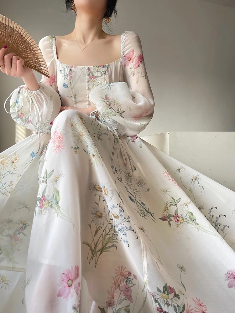 Vestido largo de fiesta de noche de Vinatge francés para mujer, vestido de princesa Floral de línea a, manga de linterna, primavera y verano, bata