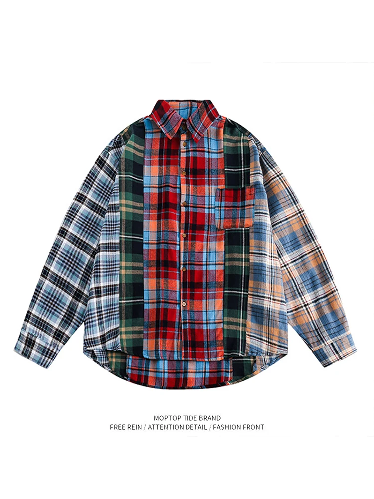 

Mr. WH American Retro Vintage Long Sleeve Casual Loose Men's Shirt Autumn Plaid Patchwork Polyester Fiber Four Seasons Universal