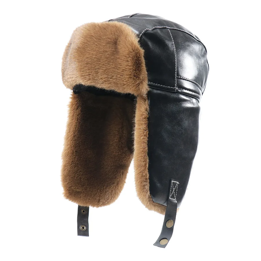 

Зимние утолщенные шапки Lei Feng из искусственной кожи для мужчин, русская шапка-ушанка, уличные теплые ветрозащитные снежные шапки с ушками