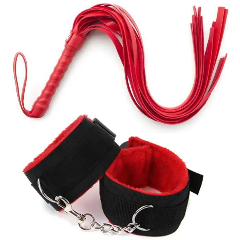 44cm PU Leather Whip Slave Flogger Plush Sex Handcuffs Bondage Exotic Accessories Toys For Couples Adults Games