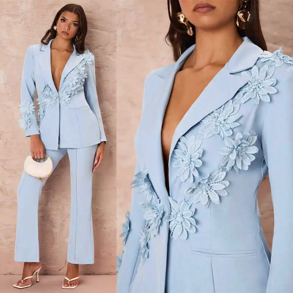 

Elegant Floral Appliques Women Suits Wide Leg Pants Plus Size Blazer Fashion Full Sleeve Suit Customized Prom Party Outfits