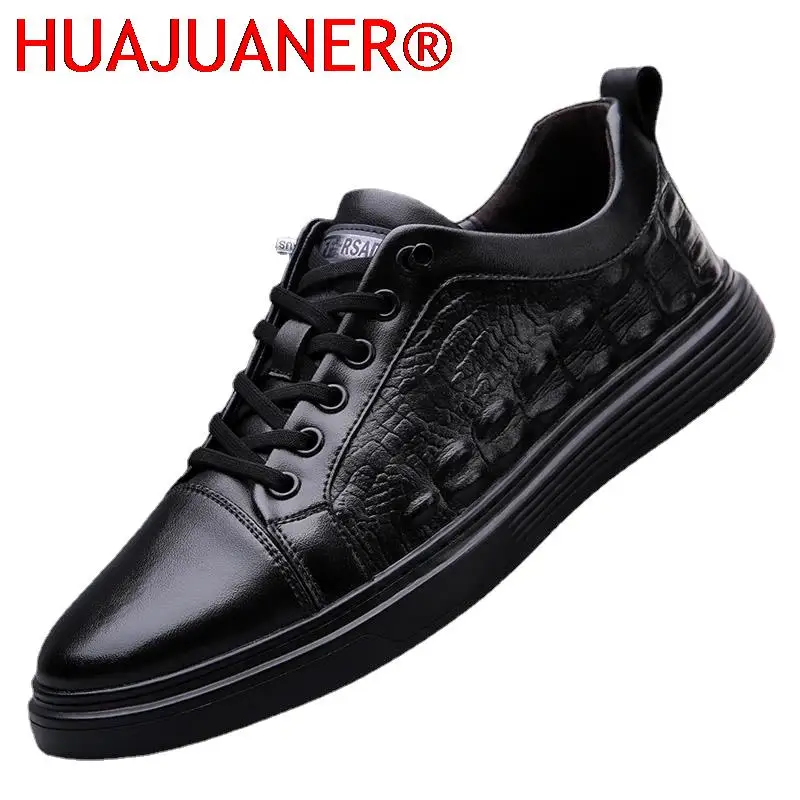 

Men Leather Casual Shoes Classic Luxury Crocodile Style Flat Lace-Up Black Sneaker Man Breathable Fashion Non-Slip Men's Shoes