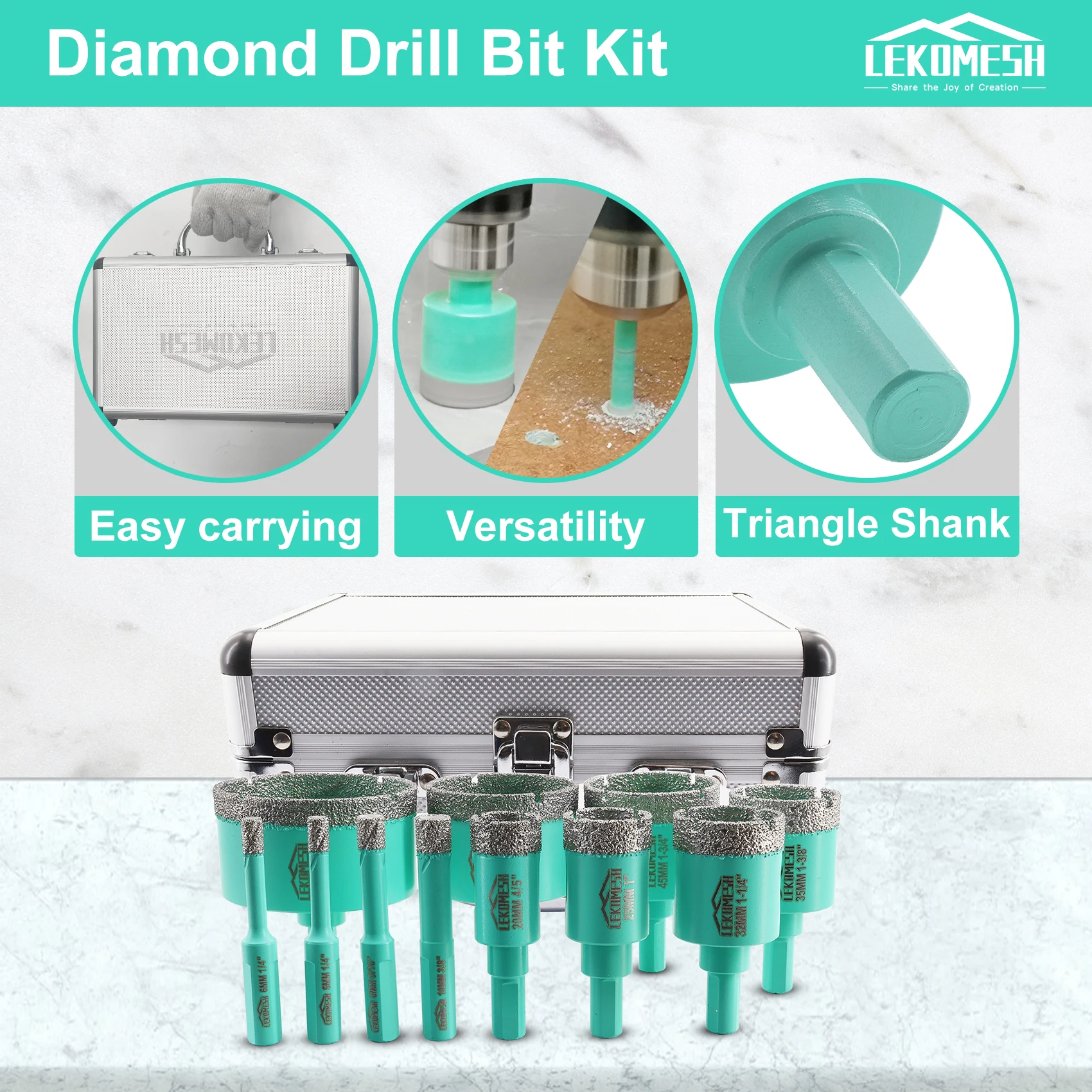 LEKOMESH 11pcs Set Diamond Drill Bits Kit Triangle Shank Porcelain Ceramic Marble Marble Diamond Core Drill Bit